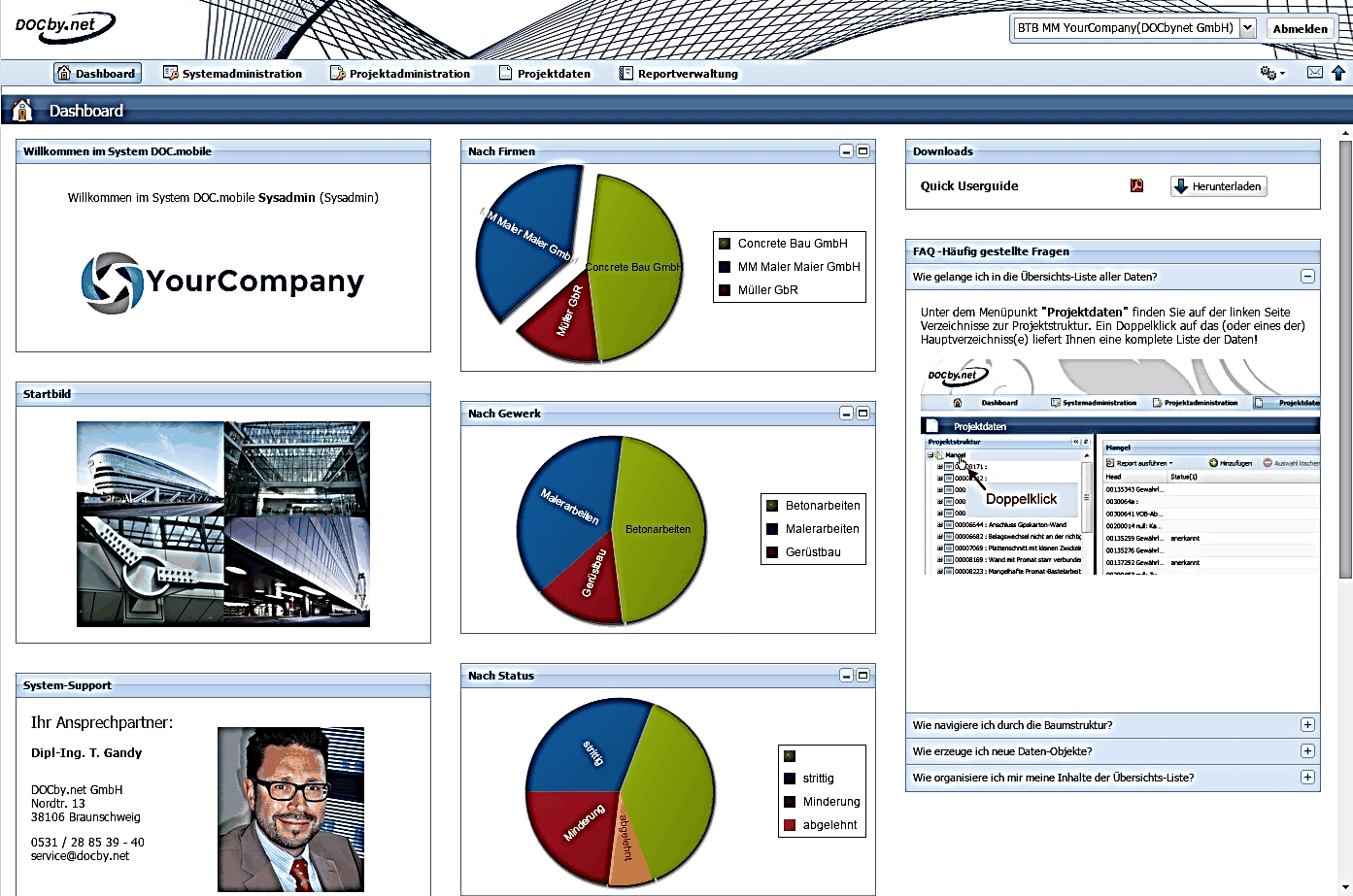 DOC.mobile Bautagebuch Dashboard im Webclient: Tagesberichte, Wetter, Mannschaft und Leistung im Überblick.