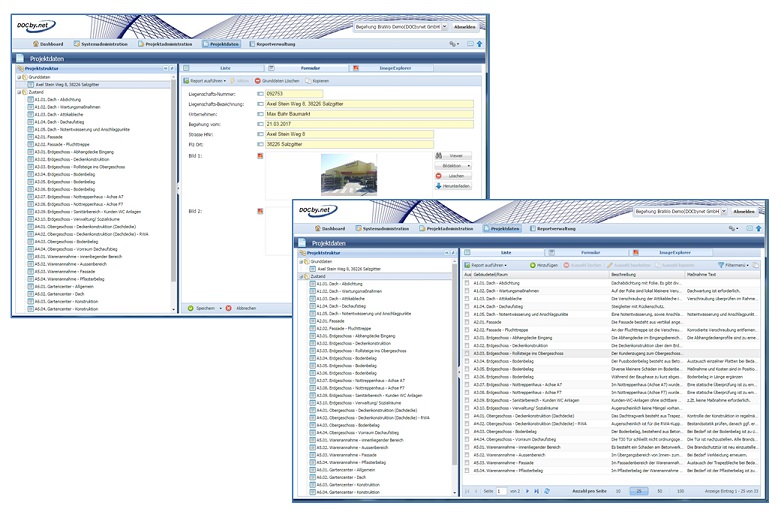 TDD-Auswertung im Webclient: Liste der Befunde, Zustandsnoten und CapEx-Aggregation pro Bauteil.